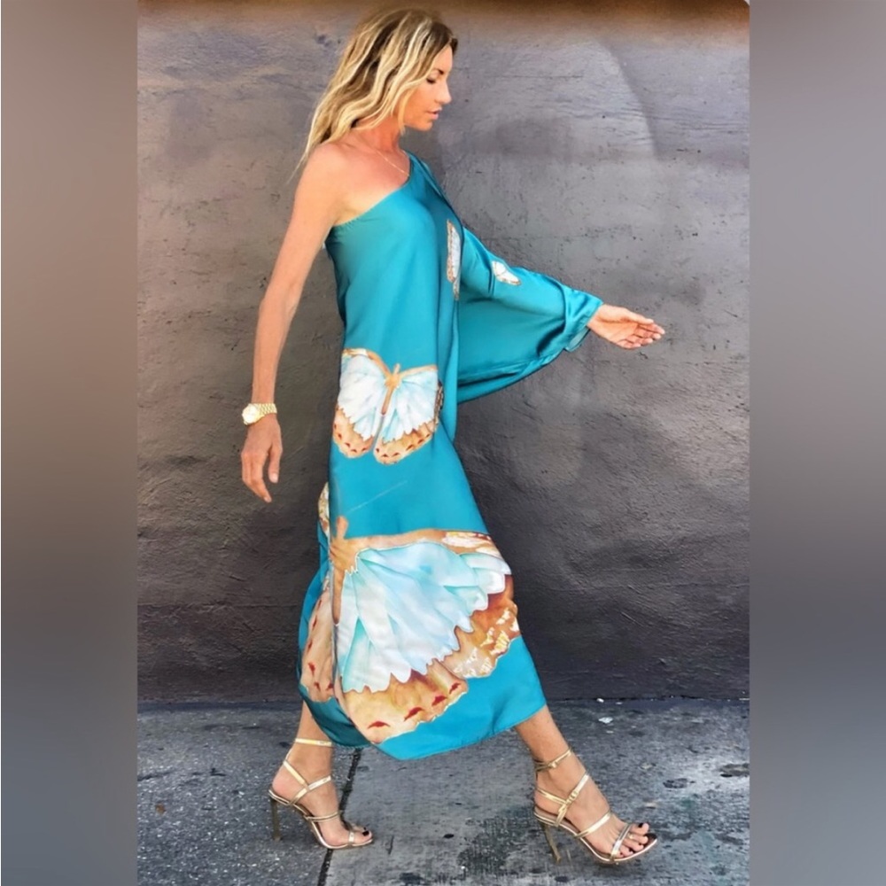Butterfly Teal Silky Feel Satin Kaftan, Side Slit Kaftan Dress - Picture 5 of 5